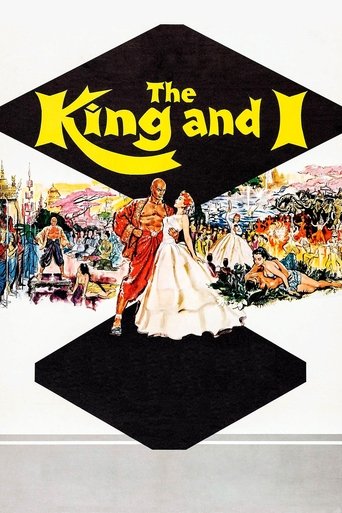 This poster for "The King and I" features a romantic scene with a man in a red coat and a woman in a white gown, set against a colorful, dreamlike landscape. The black diamond-shaped background contrasts with the vibrant colors, creating a striking visual that evokes a sense of timeless romance a...