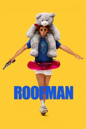 The poster features a person in a humorous outfit, including a teddy bear on their head and a red ring around their waist. They hold a gun in one hand and appear to be running on a bright yellow background. The bold blue text "ROOFMAN" dominates the bottom, conveying a comedic and chaotic atmosph...