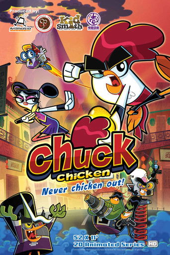 This vibrant poster features Chuck, a cheerful chicken chef, leading a lively group of animated characters in a colorful, action-filled scene. The warm sunset hues and dynamic poses convey a fun, energetic mood, while the playful font and cartoonish style emphasize the show's whimsical and entert...
