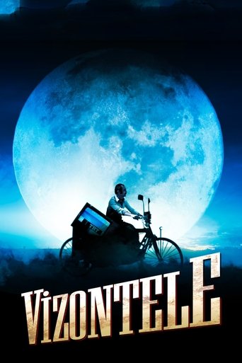 The poster features a silhouette of a man riding a bicycle against a massive, glowing blue moon. The dark blue sky and moon create a mysterious, nocturnal mood. The title "Vizontele" is prominently displayed in bold, golden letters at the bottom.