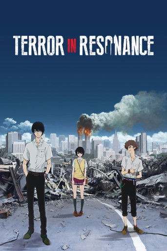 The poster features three characters standing amidst a desolate, war-torn landscape under a dramatic sky. The muted earthy tones contrast with the fiery explosions and smoggy clouds in the background. The title "TERROR IN RESONANCE" is prominently displayed at the top in bold, white lettering.