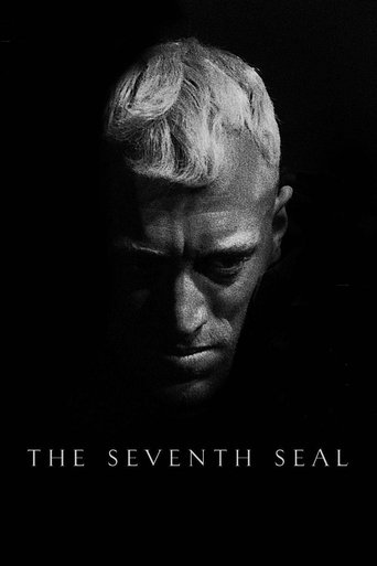 The poster features a somber, high-contrast black-and-white portrait of an elderly man with a stern expression, set against a dark void. The title "THE SEVENTH SEAL" is elegantly placed at the bottom in white serif font. The overall mood is one of mystery, tension, and timeless drama.