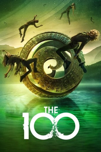 The poster features four people in mid-air, seemingly falling or floating around a large, ancient-looking spiral structure. The background is a vibrant green, with a mystical and mysterious atmosphere. The title "The 100" is prominently displayed at the bottom, suggesting a mysterious or supernat...
