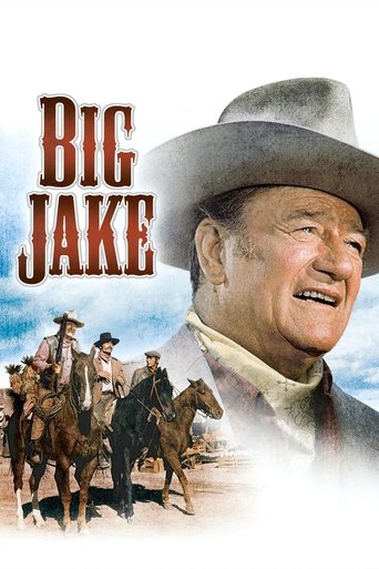 The poster features a smiling cowboy in a wide-brimmed hat, exuding a rugged charm. Behind him, a group of cowboys on horseback adds to the Western atmosphere. The title "Big Jake" is prominently displayed in bold red letters, suggesting a powerful and adventurous story. The overall mood is one o...