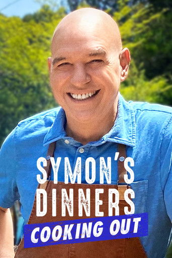 A cheerful bald man in a blue shirt smiles broadly, wearing a brown apron over his denim shirt. The vibrant green foliage in the background suggests a sunny outdoor cooking show setting. The poster conveys a warm, inviting mood with its bright colors and friendly expression.