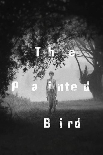 The poster features a solitary figure standing in a misty, wooded landscape, evoking a sense of solitude and introspection. The muted tones of black and white enhance the atmospheric mood, while the white text "The Painted Bird" stands out against the dark surroundings.