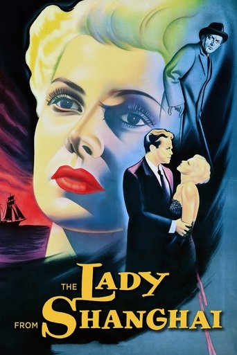 The poster features a striking close-up of a woman with bold red lips and blonde hair, set against a dramatic background. A smaller figure in a suit appears to be a man holding a woman, adding depth to the composition. The color palette is rich and vivid, with deep blues, fiery reds, and gold acc...