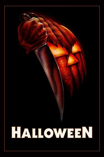 This Halloween poster features a menacing figure with glowing eyes and a carved pumpkin, set against a dark background. The word "HALLOWEEN" is prominently displayed at the bottom in bold white letters. The overall mood is eerie and spooky, evoking a classic horror theme.
