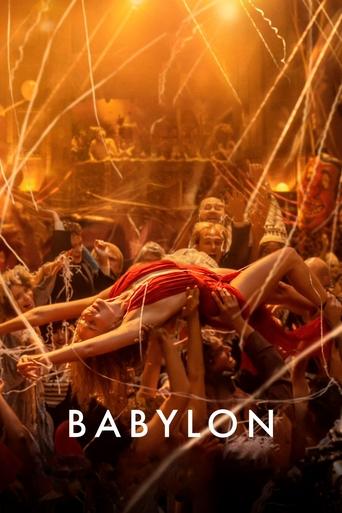 The poster depicts a chaotic scene of people in a crowded, fiery environment, suggesting a dystopian or dystopian future. The warm, golden hues dominate the image, creating a sense of urgency and danger. The title "BABYLON" is prominently displayed at the bottom, emphasizing the film's theme of a...