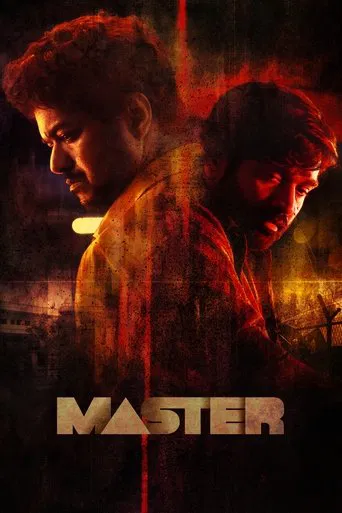 The poster features two men in a dramatic, fiery red and orange hue, suggesting intense action or thriller. The title "MASTER" is prominently displayed in bold, metallic letters at the bottom. The overall mood is dark and suspenseful, hinting at a gritty, action-packed movie.