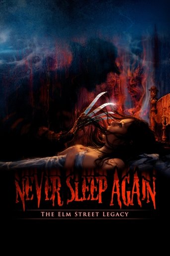 The poster depicts a somber, dark scene with a figure lying on the ground, surrounded by swirling red and blue hues. The title "Never Sleep Again" is prominently displayed in bold, red font, evoking a sense of urgency and danger. The overall mood is eerie and ominous, suggesting a thriller or hor...