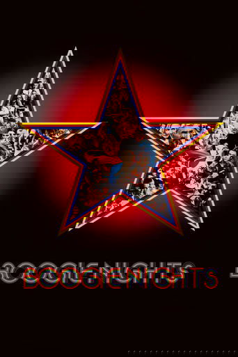 The poster features a vibrant red star filled with a collage of diverse characters, evoking a sense of chaotic energy and cultural diversity. The bold, orange text "BOOGIE NIGHTS" anchors the composition, suggesting a blend of artistic freedom and personal struggle. The dark background enhances t...