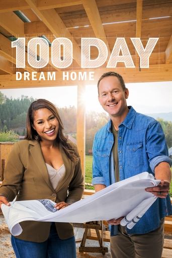 The poster features two smiling men and a woman holding blueprint sketches, suggesting a construction project. Warm lighting and earthy tones evoke a cozy, hopeful mood. The bold title "100 Day Dream Home" sets an inspiring tone for the show's focus on home building.