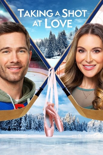 The poster features a man and woman smiling warmly against a snowy backdrop, with a pair of ice skates crossed between them. The colors are vibrant, with blues, whites, and golds creating a festive atmosphere. The mood is joyful and romantic, suggesting a sweet and engaging movie.