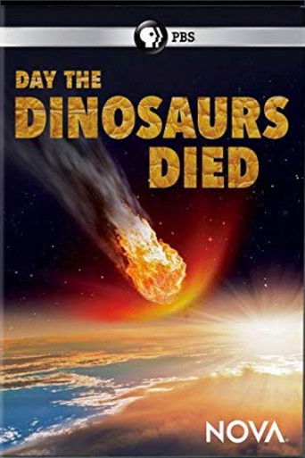 The poster features a dramatic space scene with a fiery asteroid or meteor in the sky, casting a warm glow over Earth. The dark blue background contrasts with the vibrant colors of the planet and the glowing meteor, creating a sense of awe and danger. The title "Day the Dinosaurs Died" is promine...