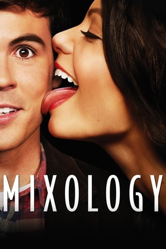 The poster features a close-up of two individuals sharing an intimate moment, with the man on the left and the woman on the right. The warm lighting and soft skin tones create a romantic atmosphere. Bold white text at the bottom reads "MIXOLOGY," emphasizing the theme of blending spirits and crea...