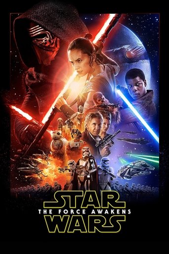 The poster features a dynamic scene with Rey, Finn, and other characters wielding lightsabers against a cosmic backdrop. Intense colors like red and blue create a dramatic atmosphere, while the title "Star Wars: The Force Awakens" anchors the composition.