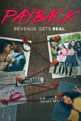 The poster features a collage of people in various poses, with red arrows connecting them to form a chain of revenge. The colors are vibrant, with reds, pinks, and yellows dominating the design. The mood is intense and dramatic, suggesting a story of conflict and justice.