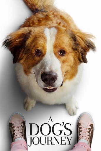 The poster features a joyful, brown and white dog with a playful expression, set against a clean white background. At the bottom, pink sneakers and pink pants suggest a casual, everyday setting. The title "A Dog's Journey" is elegantly placed in black text, conveying warmth and adventure. The ove...