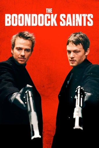 The Boondock Saints poster features two men in black suits against a vibrant red background, holding silver guns. The bold white text at the top emphasizes the title, creating a dramatic and intense atmosphere.