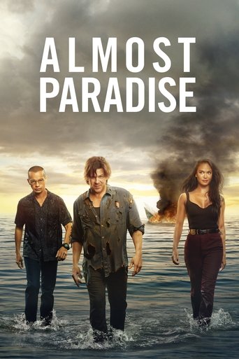 The poster features three characters wading through shallow water, with dramatic storm clouds looming above. The warm sunset hues contrast with the dark, ominous sky, creating a tense atmosphere. The title "Almost Paradise" is prominently displayed in bold white letters, suggesting a blend of rom...