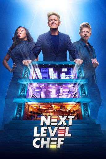 The poster features three characters standing behind a glowing, multi-tiered chef's podium against a vibrant blue background. The mood is energetic and professional, with warm lighting highlighting the chefs' confident expressions. The title "Next Level Chef" is prominently displayed at the botto...