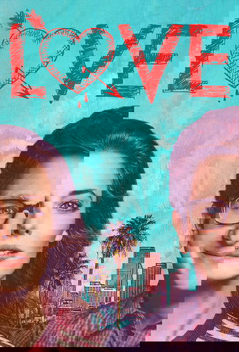 This TV show poster features a romantic couple with a vibrant blue sky and palm trees in the background, conveying a warm and inviting atmosphere. The bold red "LOVE" text anchors the design, emphasizing the show's central theme of affection.