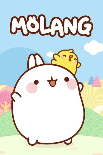 This charming poster features a cute, round white character with a yellow bird perched on its head, set against a bright, cheerful landscape with pastel colors and fluffy clouds. The playful, whimsical mood captures the essence of the beloved anime series.