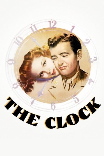 A vintage movie poster featuring a romantic couple in a golden hour setting, with the title "The Clock" prominently displayed. The warm tones and nostalgic imagery evoke a sense of timeless romance and classic Hollywood charm.