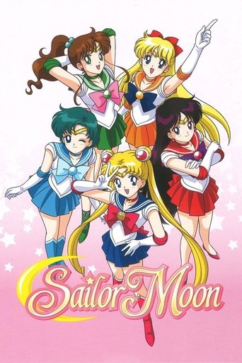The poster features five Sailor Moon characters in vibrant colors against a soft pink background. The mood is cheerful and magical, capturing the essence of the beloved anime series.