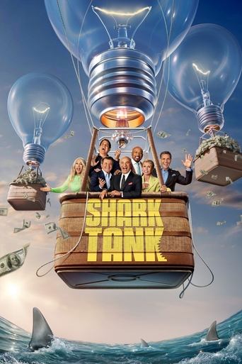 The poster features a group of business executives standing on a wooden raft in a whimsical underwater scene. Bright yellow text reads "SHARK TANK" against a backdrop of bubbles and floating islands. The mood is playful and adventurous, suggesting a fun-filled episode of Shark Tank.