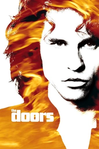 The poster features a striking portrait of a man with fiery red hair, set against a dark background. The bold, white text "The Doors" anchors the composition, evoking a sense of mystery and intensity.