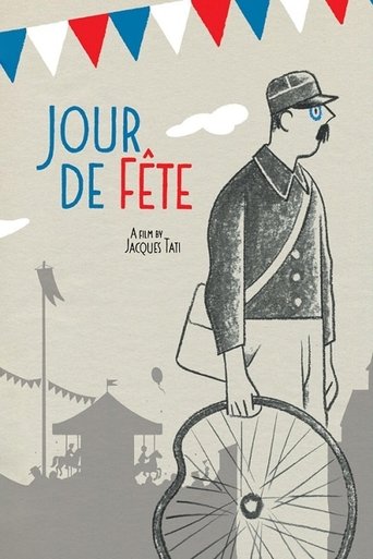 The poster features a man in a cap and hat, holding a bicycle wheel, against a backdrop of festive bunting and traditional village architecture. The muted color palette and nostalgic illustration evoke a sense of timeless charm and community spirit.