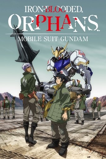 The poster features a group of soldiers in green uniforms standing on a wooden platform, with a large, imposing blue and white mobile suit dominating the center. The muted green and brown tones of the uniforms contrast with the bright blue of the robot, creating a dramatic and tense atmosphere. T...