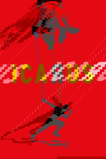 The poster features a striking red background with a silhouette of a man on a swing suspended by strings, evoking themes of human vulnerability and control. The word "ICARUS" in bold yellow letters dominates the center, creating a powerful visual contrast against the vivid red backdrop. The overa...