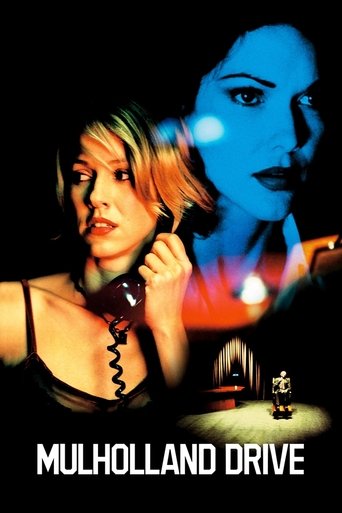 The poster features a striking woman with blonde hair holding a vintage telephone receiver, set against a moody, dark background. A shadowy figure looms in the background, adding tension and mystery. The cool blue tones contrast with warm lighting, creating an eerie and suspenseful atmosphere. Th...