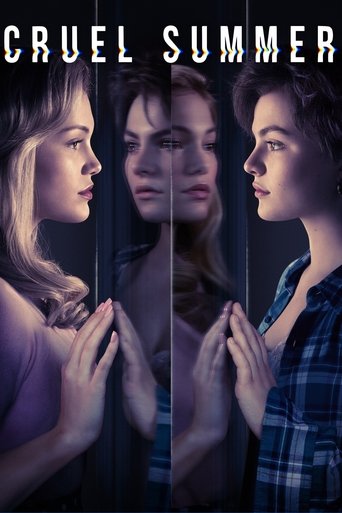 The poster features three young women in a split-screen composition, each with hands clasped in prayer-like gestures. The muted, dark tones of the image evoke a somber, mysterious atmosphere, while the cool blues and purples suggest a melancholic tone. The title "Cruel Summer" is prominently disp...