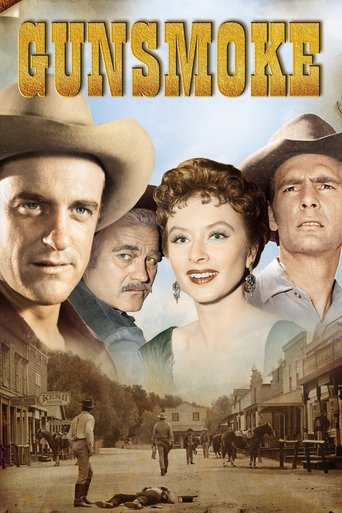The poster features four men and a woman in a classic Western setting, with a dusty street and cowboys in the background. The warm golden hues of the title and the sepia-toned image evoke a nostalgic, gritty atmosphere that captures the essence of the show's Western drama.