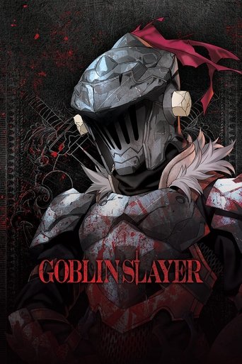 The poster features a menacing Goblin Slayer in dark armor, wielding a glowing sword against a backdrop of blood and shadows. The dark, ominous colors and intense expression convey a grim, supernatural horror atmosphere.