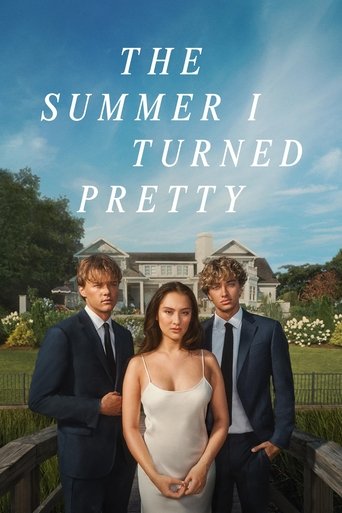 The poster features three characters in formal attire against a backdrop of a grand house under a bright blue sky. The warm tones of the dress and the lush greenery evoke a romantic summer mood, suggesting a story of love and transformation.