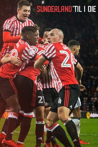 The poster captures a jubilant moment from the Sunderland football match, featuring players in red and black striped jerseys celebrating together. The vibrant colors of the kits contrast with the dark stadium background, conveying a sense of triumph and camaraderie.