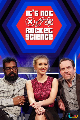 The poster features three hosts in a vibrant blue and red hexagonal design. The mood is professional yet energetic, with a sense of excitement about the upcoming show. The hosts are dressed in casual attire, suggesting a relaxed and approachable atmosphere. The logo of "IT'S NOT ROCKET SCIENCE" i...