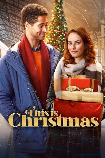 A couple stands joyfully in front of a decorated Christmas tree, holding wrapped gifts. Warm reds, blues, and golds create a festive atmosphere. The poster exudes holiday cheer and warmth.
