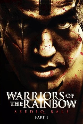 The poster features a menacing warrior with bloodied face, set against a dark, ominous background. The title "Warriors of the Rainbow" is prominently displayed in bold, white letters. The mood is intense and foreboding, evoking themes of danger and conflict.