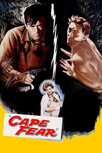 The poster features a dramatic scene with two men—one shirtless and the other in a brown jacket—against a dark, ominous background. A small inset image shows a woman in a white dress, hinting at a female antagonist. The title "CAPE FEAR" is prominently displayed in bold red letters on a white bac...
