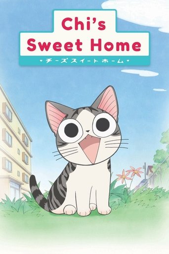 This charming TV show poster features a cute gray and white cat with a surprised expression, set against a bright blue sky with fluffy clouds. The cozy home scene is rendered in soft pastel colors, creating a warm and inviting atmosphere.