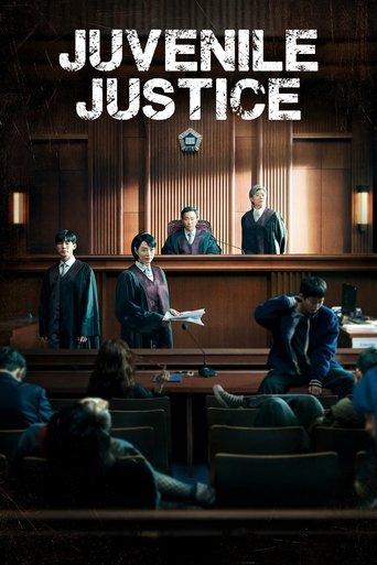 The poster depicts a courtroom scene with three men in dark suits standing behind a wooden bench, while a man in a red shirt sits at a table holding papers. In the foreground, silhouettes of people are seated in dark chairs, creating a somber and serious mood. The title "Juvenile Justice" is prom...