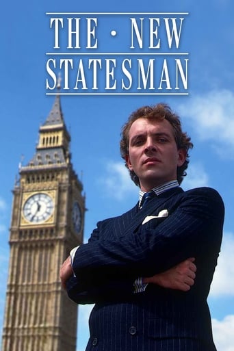 The New Statesman poster features a confident man with arms crossed against a backdrop of iconic London landmarks. The deep blue suit contrasts with the bright sky, evoking a sense of authority and mystery.
