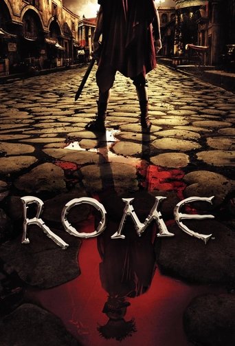 The poster features a mysterious figure standing on a cobblestone street, with a red reflection beneath the title "ROME." The dark, atmospheric mood evokes a sense of ancient mystery and intrigue.