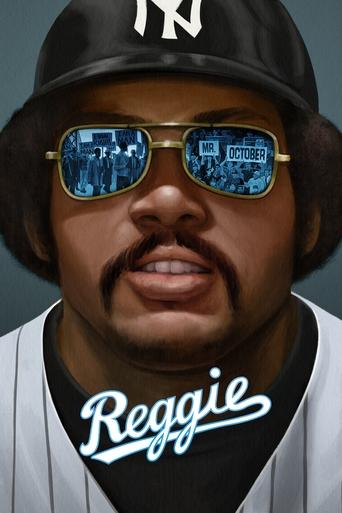 A stylized portrait of Reggie Jackson, wearing a Yankees cap and sunglasses with mirrored reflections of the city skyline. The image captures a cool, urban vibe with a dark background and a white baseball jersey featuring the name "Reggie" in elegant script.